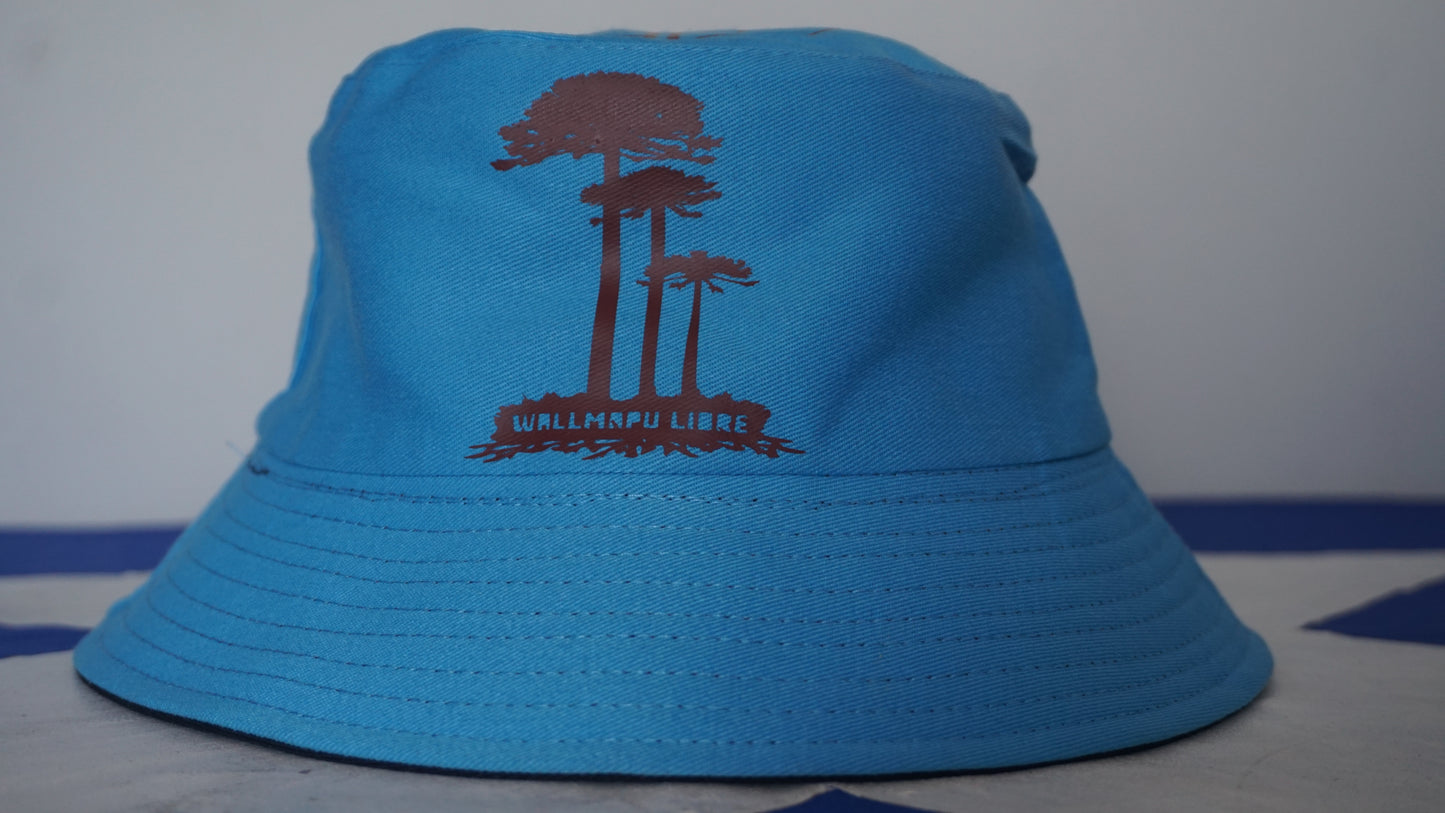 Gorro pescador reversible celeste y negro con estampados.